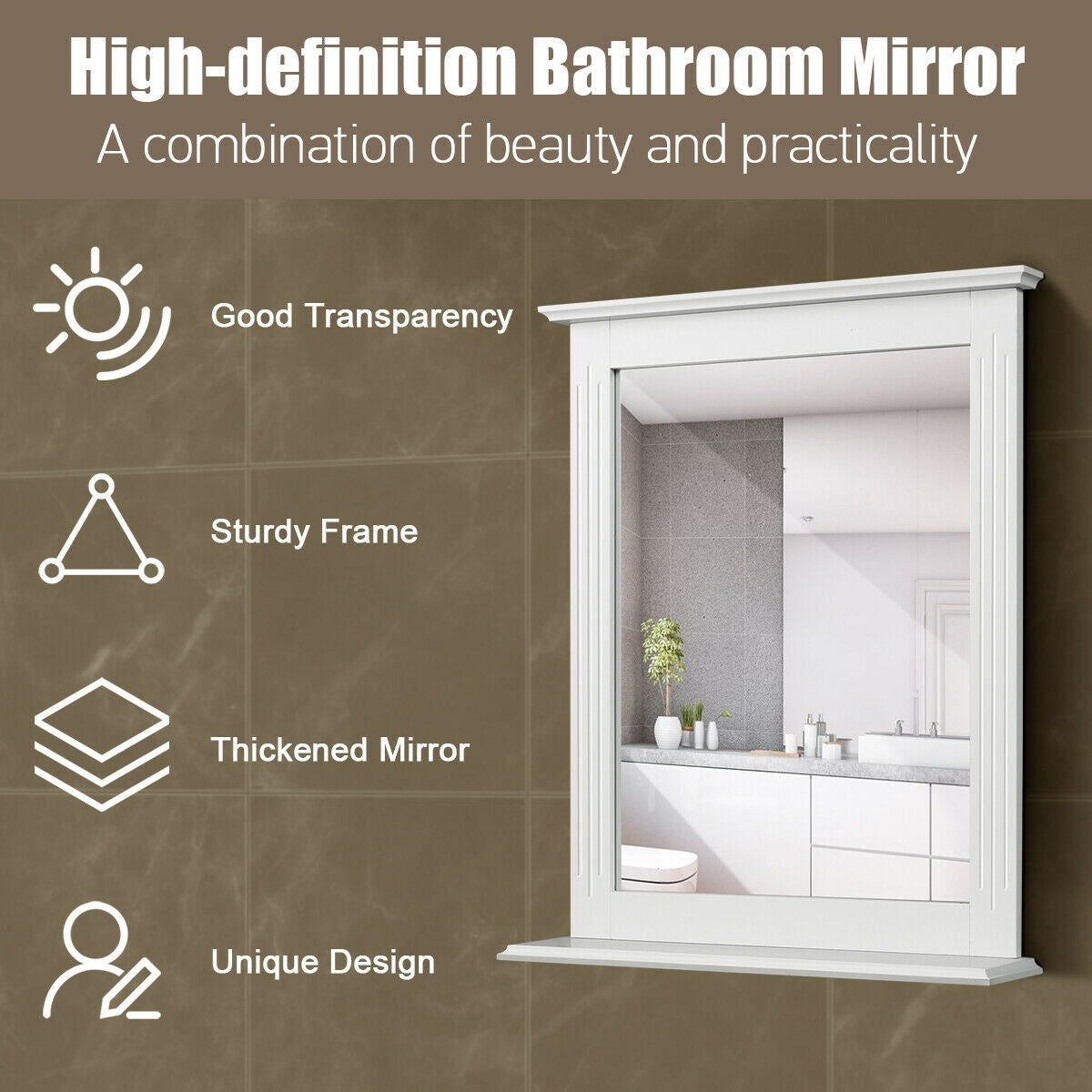 Wall-Mounted Vanity Mirror with Shelf for Storage and Elegant Design - White