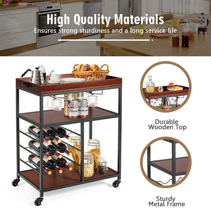 3-Tier Rolling Bar Cart with Wine Rack and Glass Holders for Kitchen and Dining