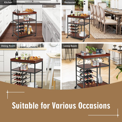 3-Tier Rolling Bar Cart with Wine Rack and Glass Holders for Kitchen and Dining