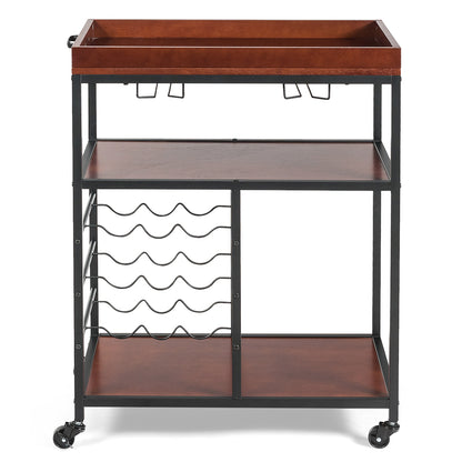 3-Tier Rolling Bar Cart with Wine Rack and Glass Holders for Kitchen and Dining