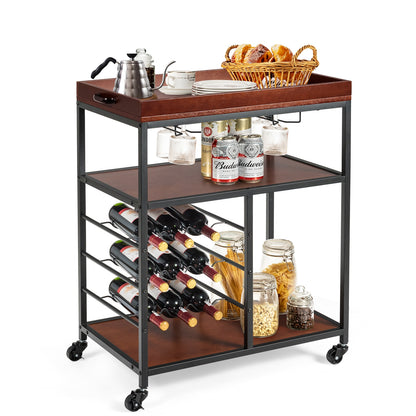 3-Tier Rolling Bar Cart with Wine Rack and Glass Holders for Kitchen and Dining
