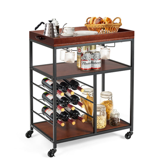 3-Tier Rolling Bar Cart with Wine Rack and Glass Holders for Kitchen and Dining