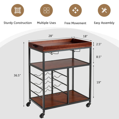 3-Tier Rolling Bar Cart with Wine Rack and Glass Holders for Kitchen and Dining