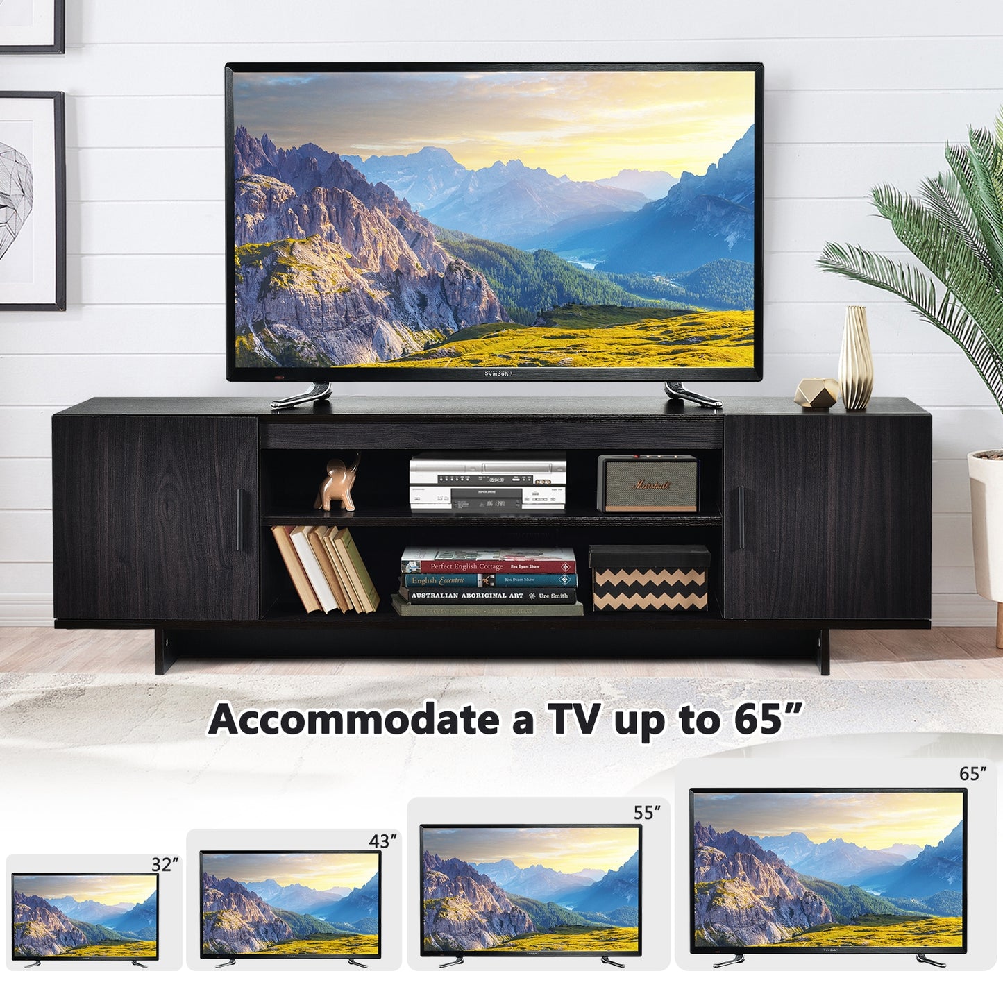 Sleek Wooden Entertainment Center with Storage Cabinets and Open Display for TVs up to 65 Inches