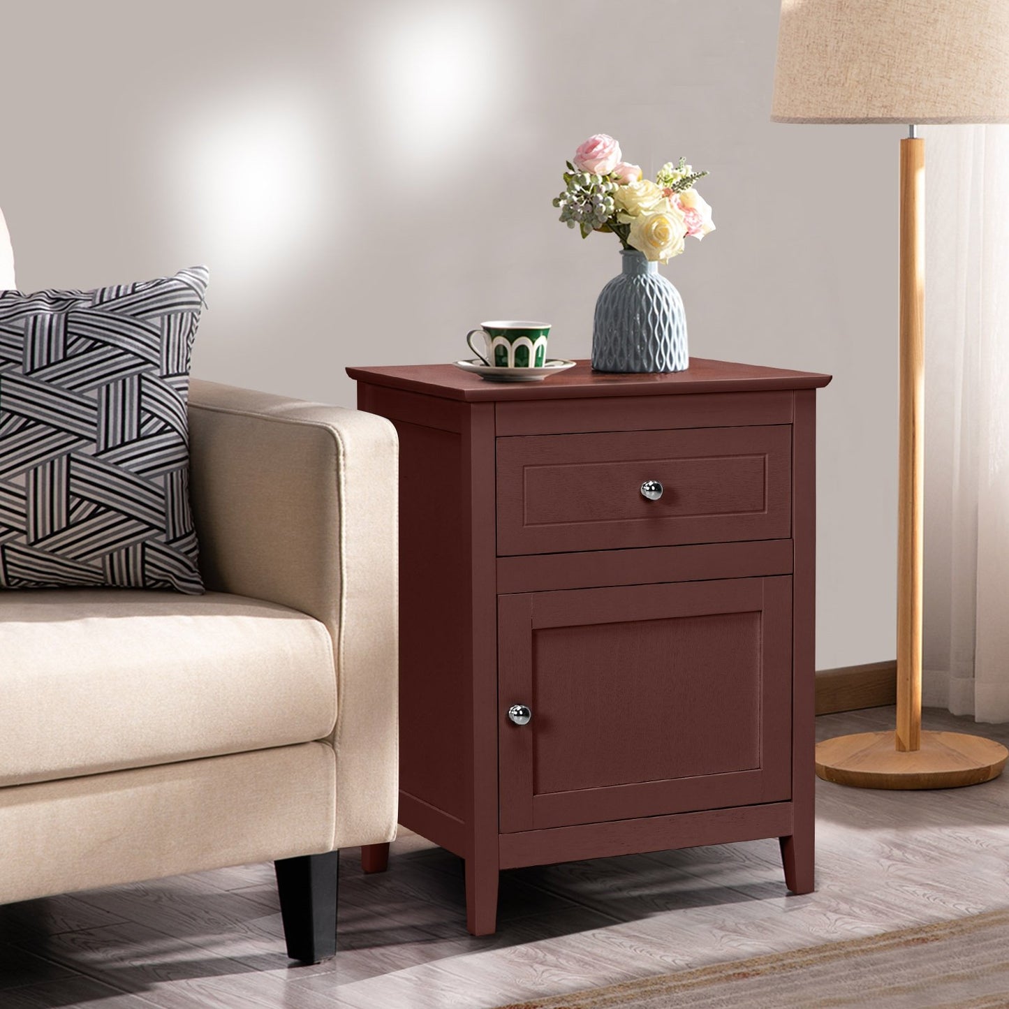 2-Tier Wood Accent Table with Drawer and Cabinet Storage in Dark Brown Finish