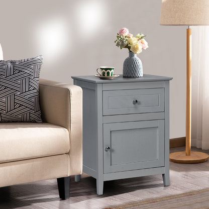 2-Tier Wood Accent Table with Drawer and Cabinet Storage in Grey Finish