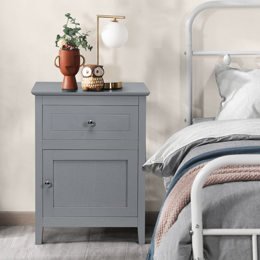 2-Tier Wood Accent Table with Drawer and Cabinet Storage in Grey Finish