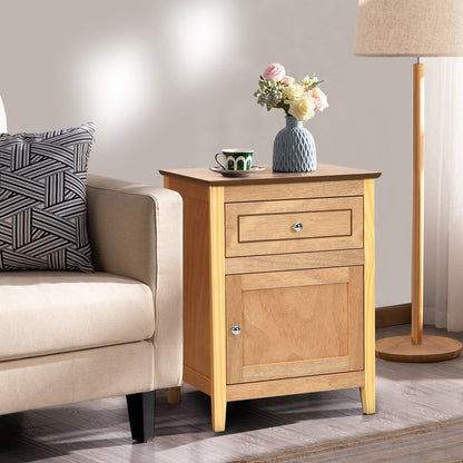 2-Tier Wood Accent Table with Drawer and Cabinet Storage in Natural Finish