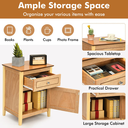 2-Tier Wood Accent Table with Drawer and Cabinet Storage in Natural Finish