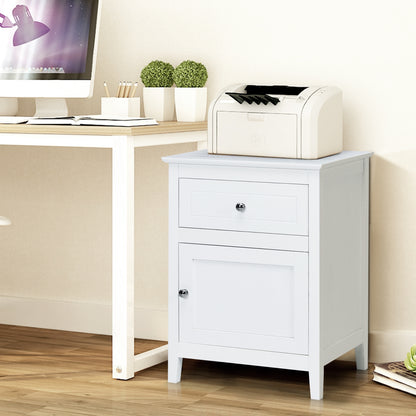 2-Tier Wood Accent Table with Drawer and Cabinet Storage in White Finish