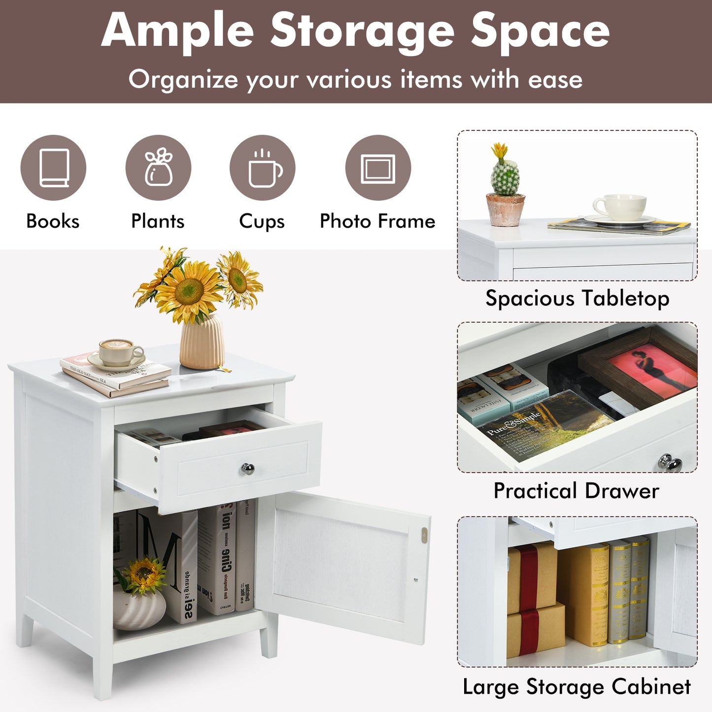 2-Tier Wood Accent Table with Drawer and Cabinet Storage in White Finish