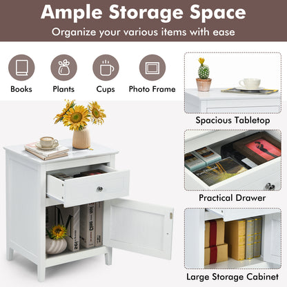 2-Tier Wood Accent Table with Drawer and Cabinet Storage in White Finish