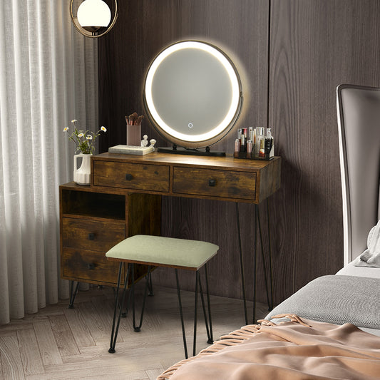 Modern Vanity Table with Storage Cabinet, Adjustable LED Mirror & Cushioned Stool - Rustic Brown