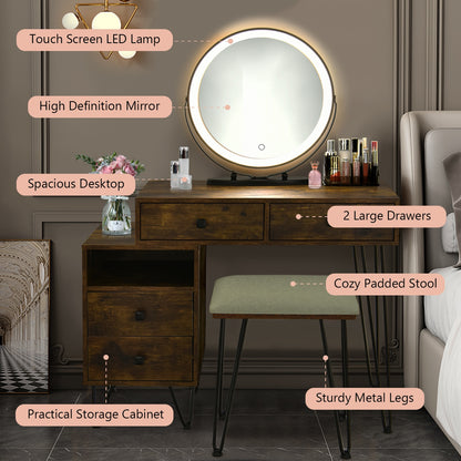 Modern Vanity Table with Storage Cabinet, Adjustable LED Mirror & Cushioned Stool - Rustic Brown