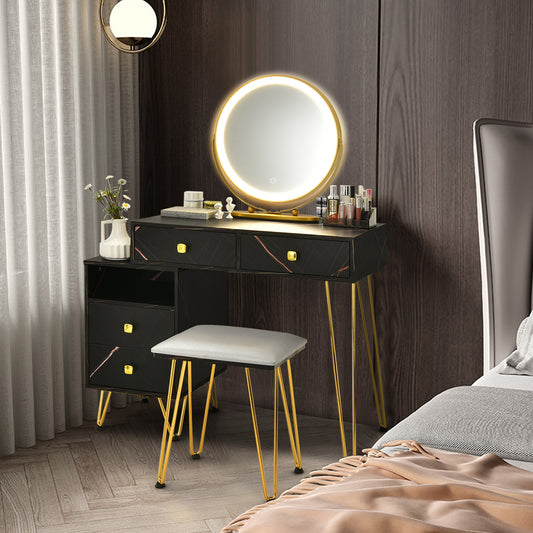 Modern Vanity Table with Storage Cabinet, Adjustable LED Mirror & Cushioned Stool - Black