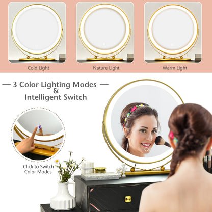 Modern Vanity Table with Storage Cabinet, Adjustable LED Mirror & Cushioned Stool - Black