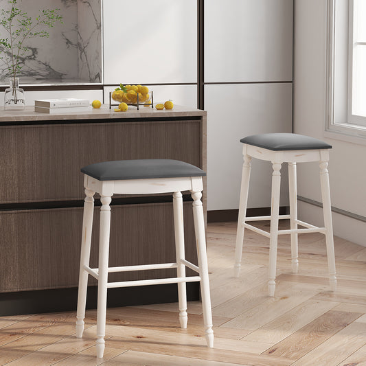 Set of 2 Bar Stools with Padded Cushions and Solid Wood Legs 29"