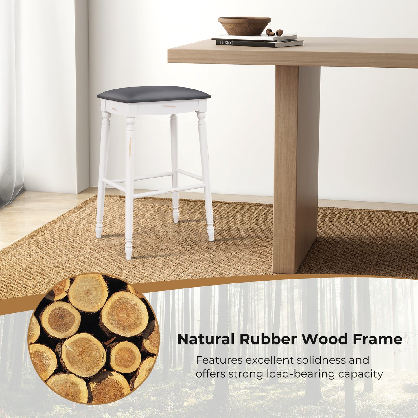 Set of 2 Bar Stools with Padded Cushions and Solid Wood Legs 29"