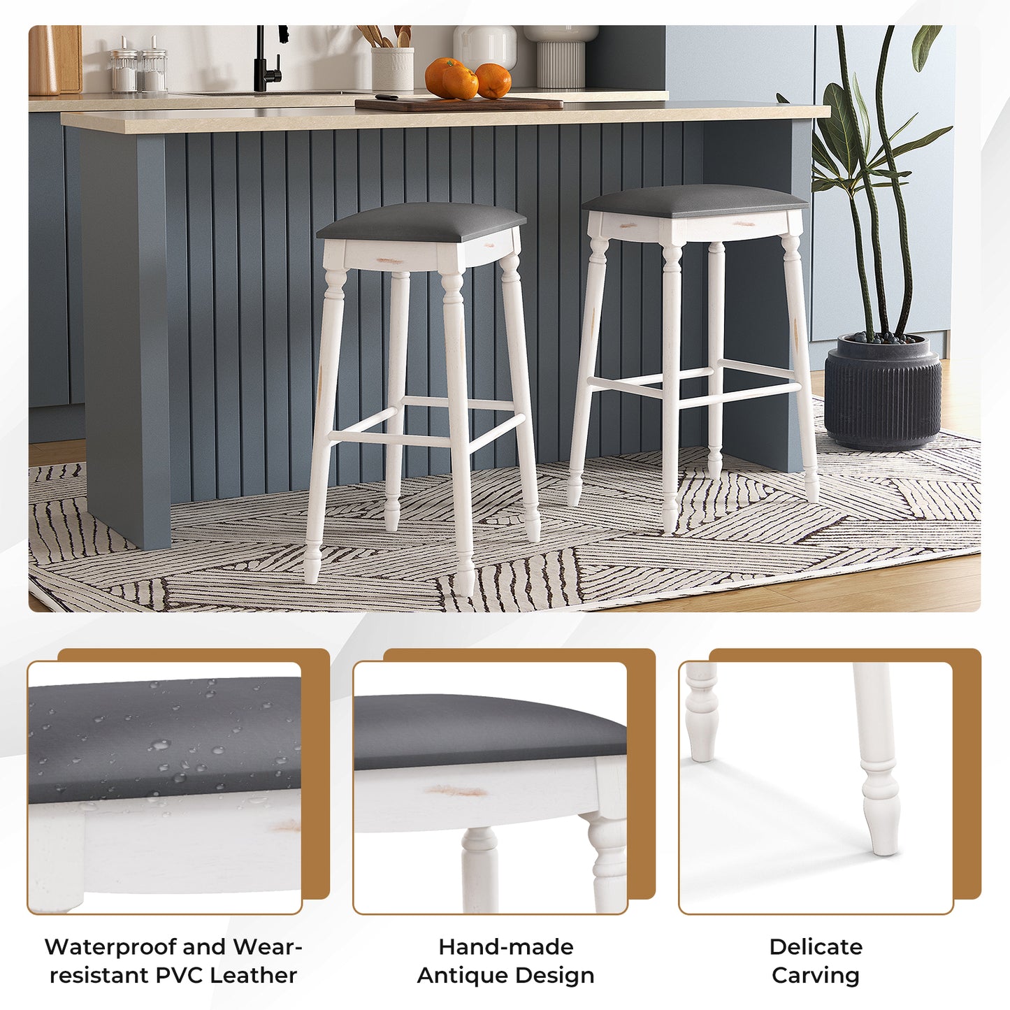 Set of 2 Bar Stools with Padded Cushions and Solid Wood Legs 29"
