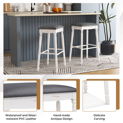 Set of 2 Bar Stools with Padded Cushions and Solid Wood Legs 29"