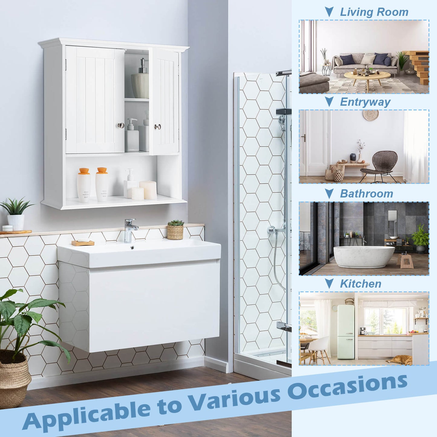 Wall-Mounted Bathroom Storage Cabinet with Doors & Adjustable Shelves