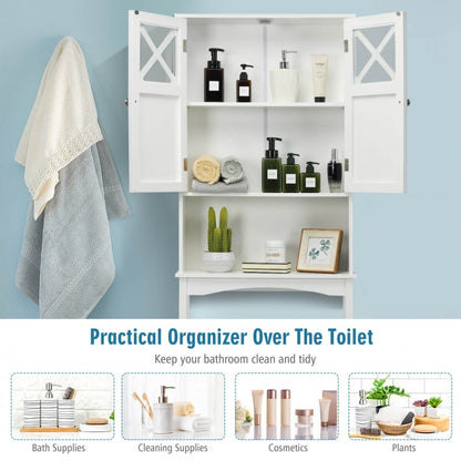 2 Door Over-the-Toilet Storage Cabinet with Adjustable Shelf & Tempered Glass Door