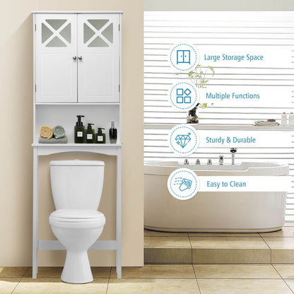 2 Door Over-the-Toilet Storage Cabinet with Adjustable Shelf & Tempered Glass Door