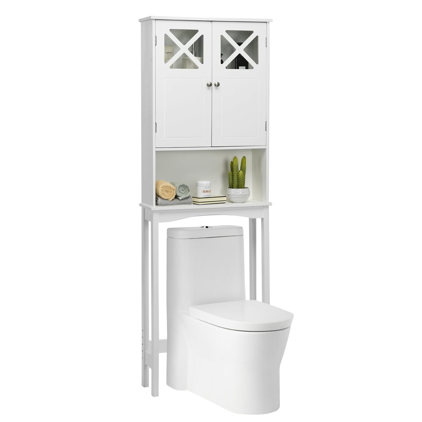 2 Door Over-the-Toilet Storage Cabinet with Adjustable Shelf & Tempered Glass Door