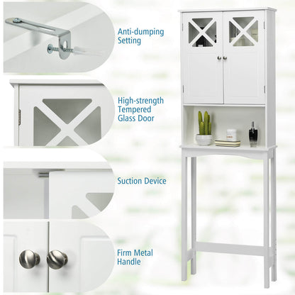 2 Door Over-the-Toilet Storage Cabinet with Adjustable Shelf & Tempered Glass Door