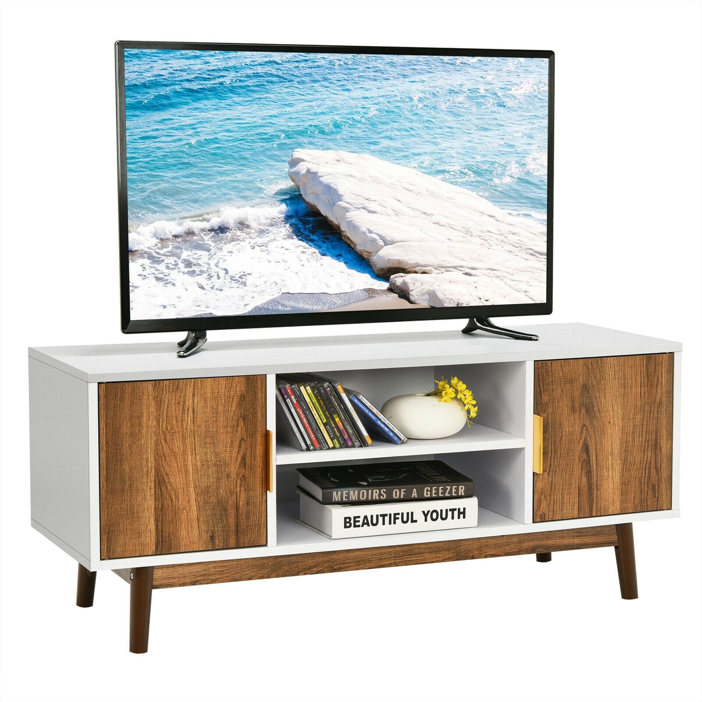 Wood TV Stand with 2 Doors, Open Storage, and Cable Management for TVs up to 50 Inch