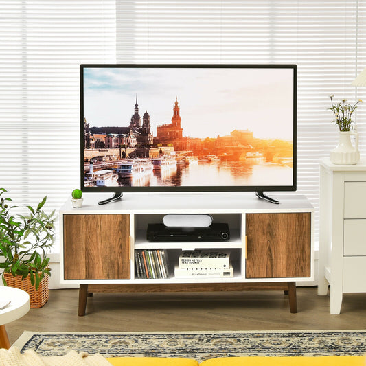 Wood TV Stand with 2 Doors, Open Storage, and Cable Management for TVs up to 50 Inch
