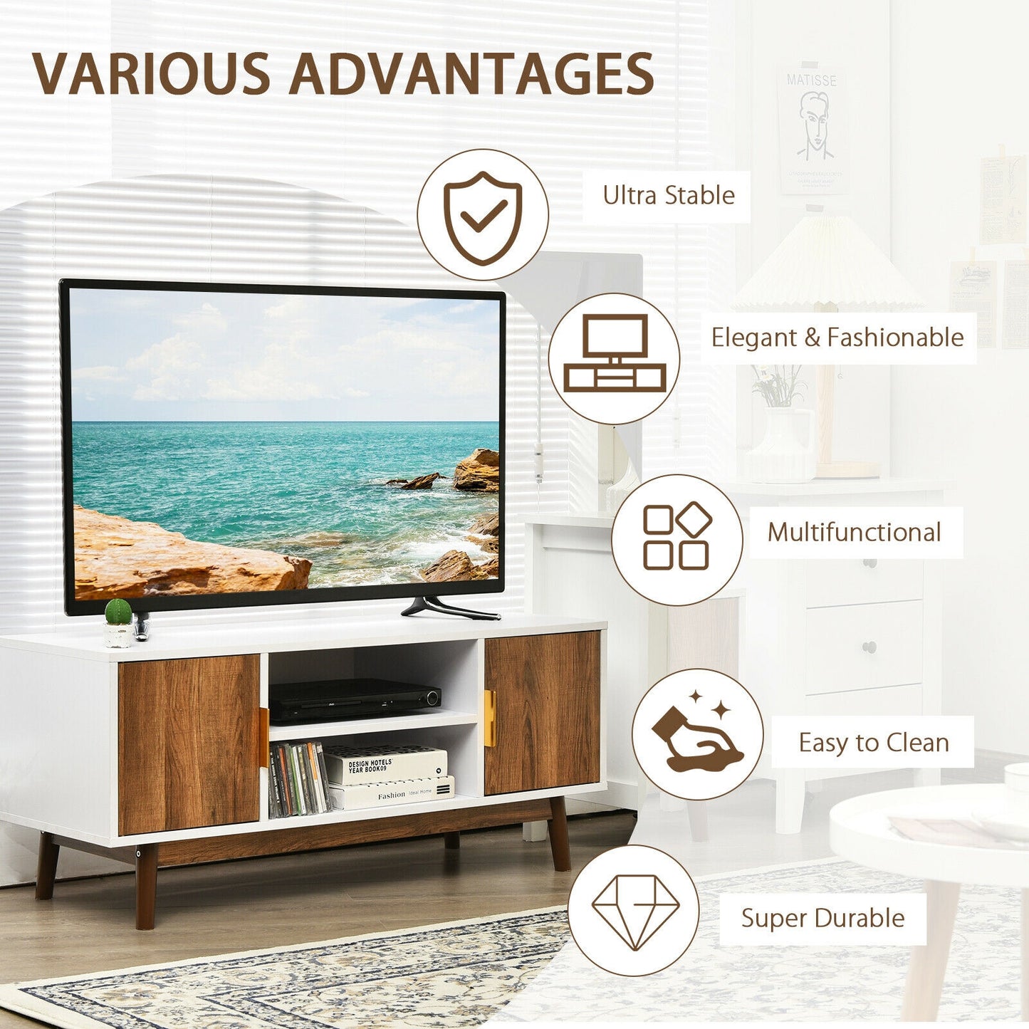 Wood TV Stand with 2 Doors, Open Storage, and Cable Management for TVs up to 50 Inch