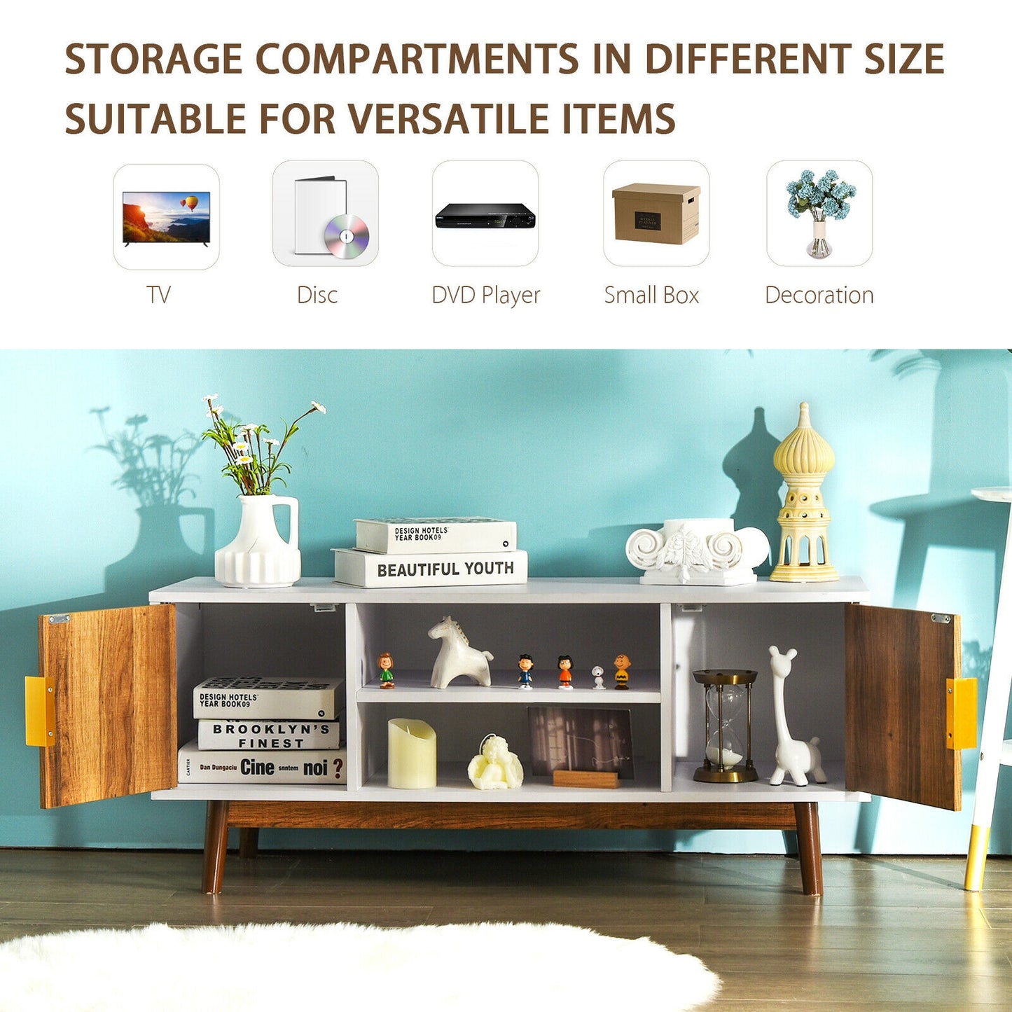 Wood TV Stand with 2 Doors, Open Storage, and Cable Management for TVs up to 50 Inch