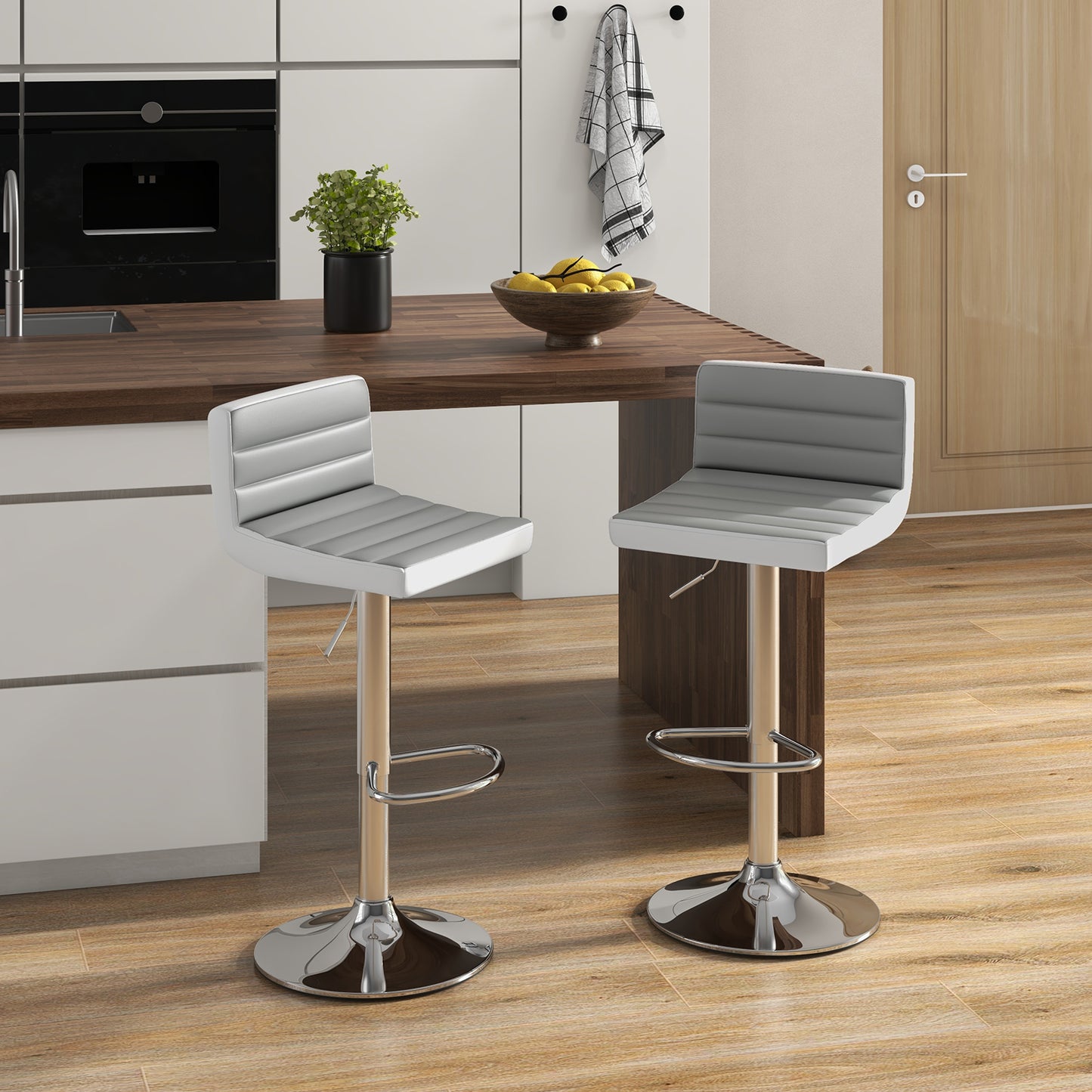 Set of 2 Adjustable Bar Stools with PU Leather Upholstery, Swivel Seat, Padded Backrest and Metal Base
