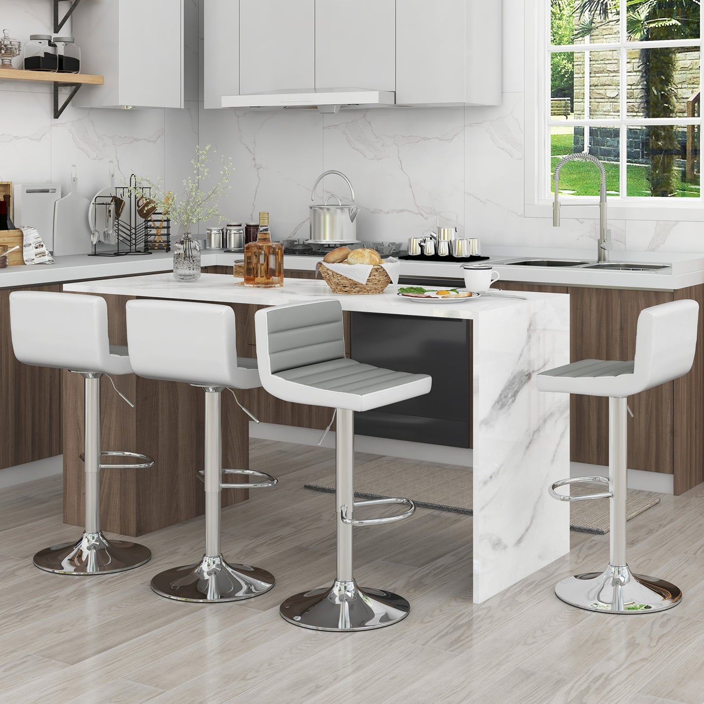 Set of 2 Adjustable Bar Stools with PU Leather Upholstery, Swivel Seat, Padded Backrest and Metal Base