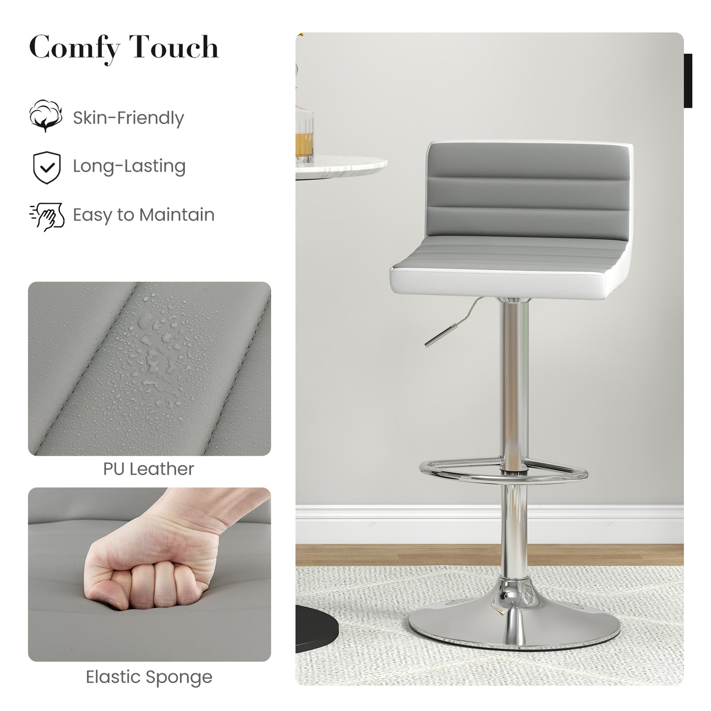 Set of 2 Adjustable Bar Stools with PU Leather Upholstery, Swivel Seat, Padded Backrest and Metal Base