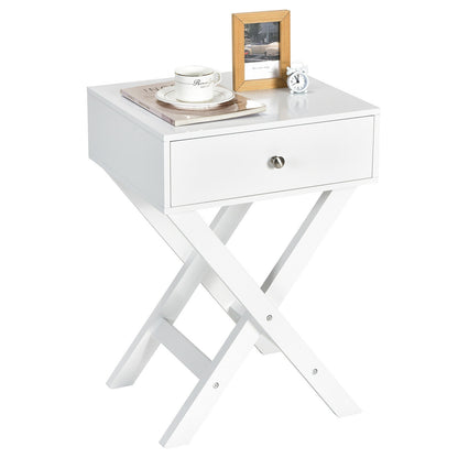 Modern Nightstand with Drawer and X-Frame Base for Bedroom or Living Room - White