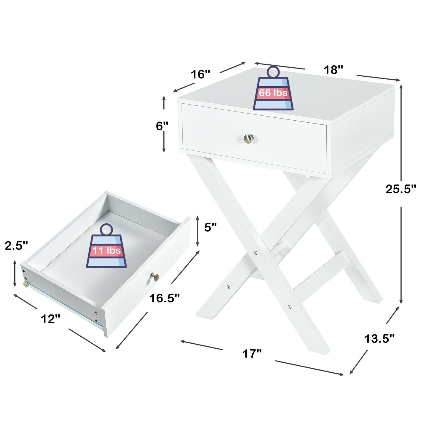 Modern Nightstand with Drawer and X-Frame Base for Bedroom or Living Room - White