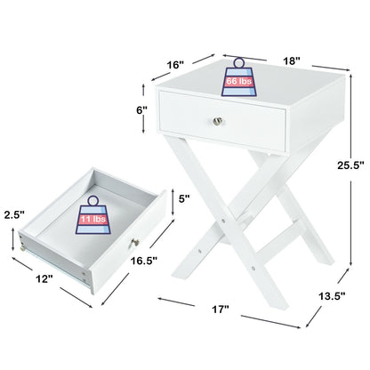 Modern Nightstand with Drawer and X-Frame Base for Bedroom or Living Room - White
