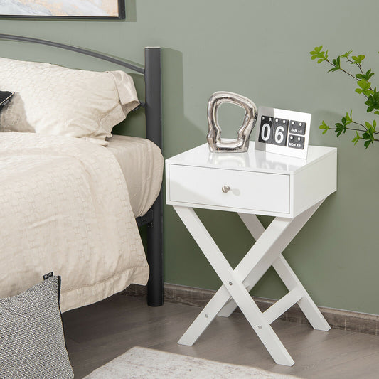 Modern Nightstand with Drawer and X-Frame Base for Bedroom or Living Room - White