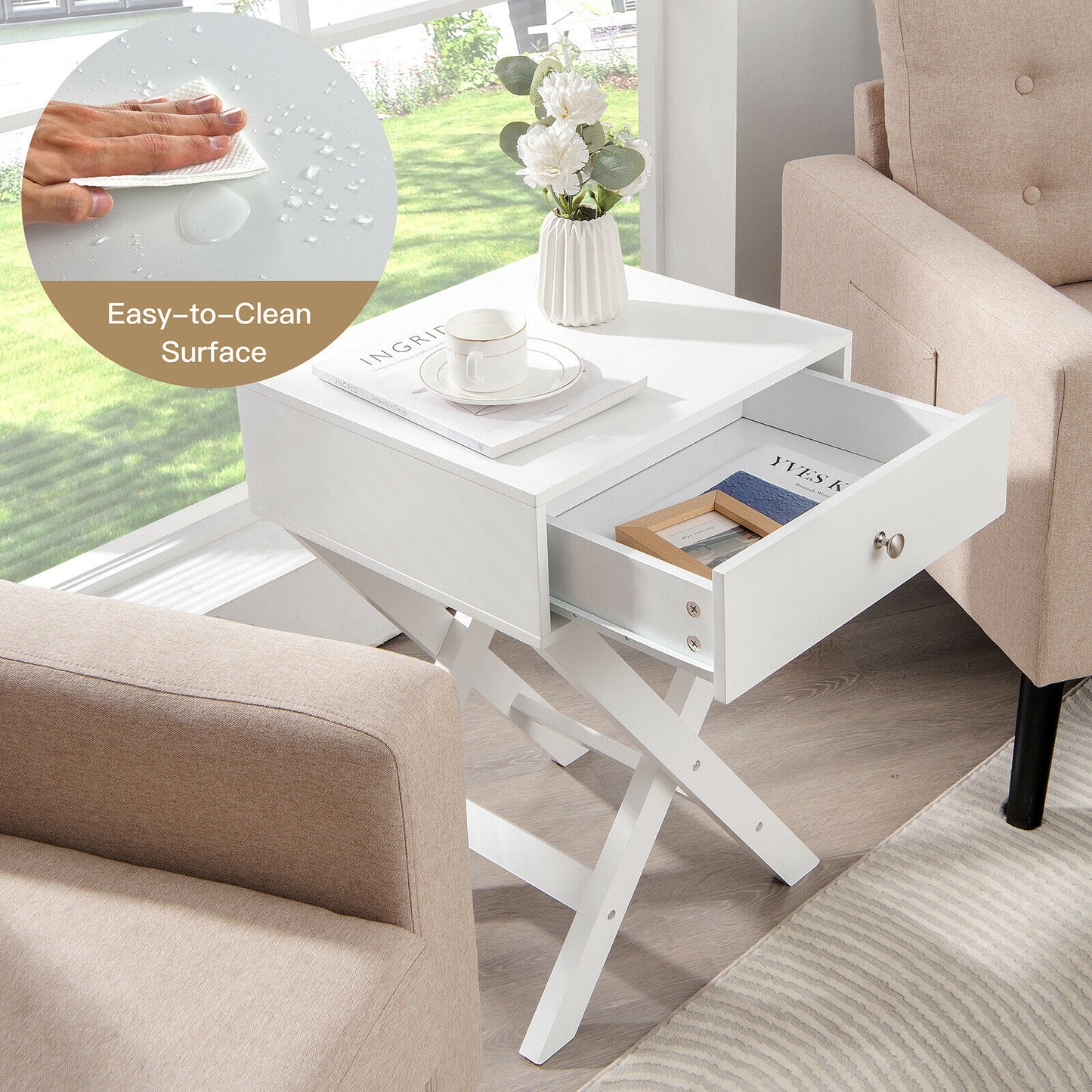 Modern Nightstand with Drawer and X-Frame Base for Bedroom or Living Room - White