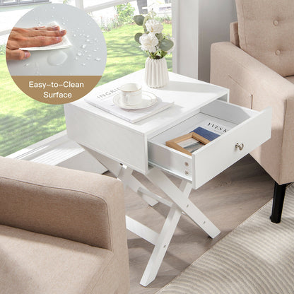 Modern Nightstand with Drawer and X-Frame Base for Bedroom or Living Room - White