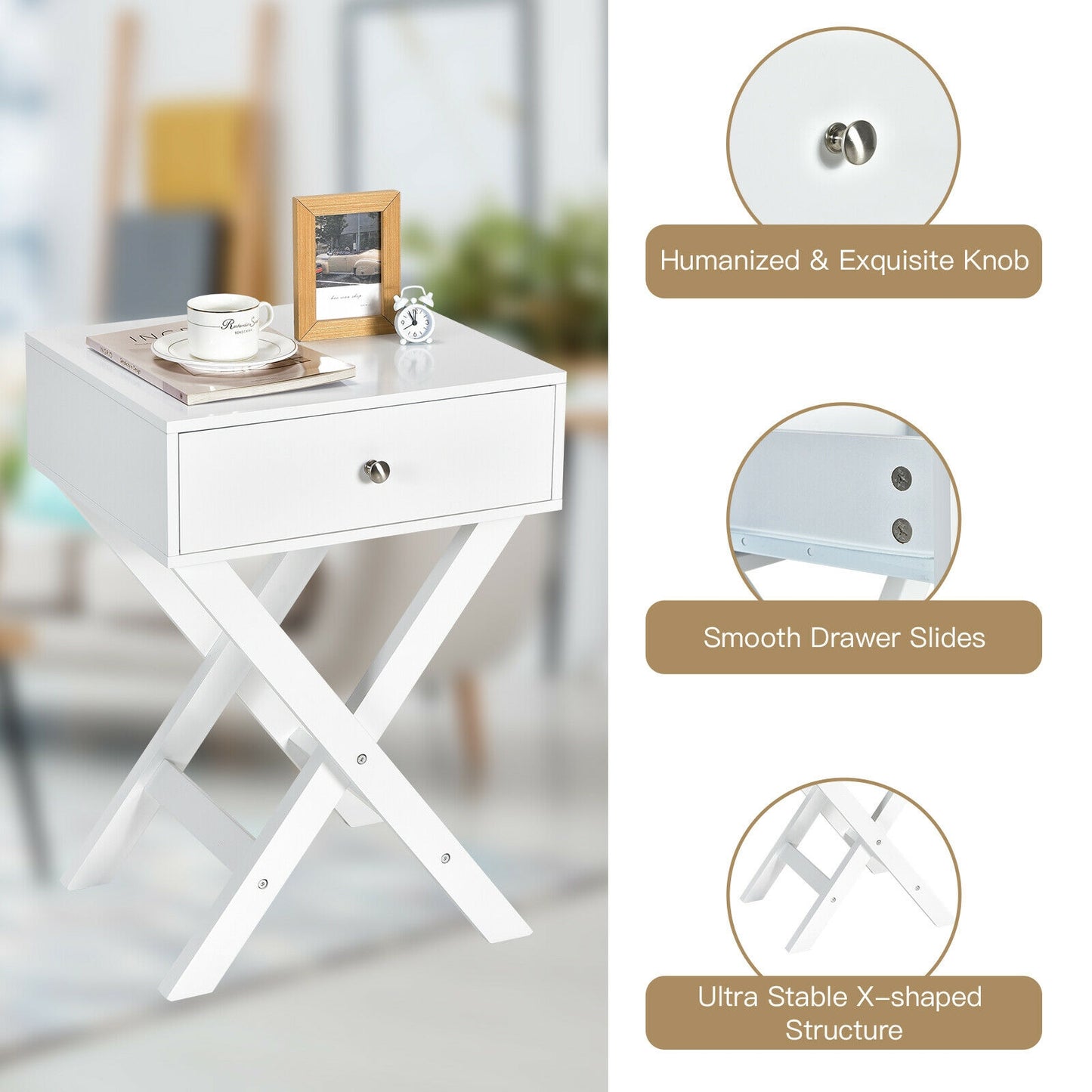 Modern Nightstand with Drawer and X-Frame Base for Bedroom or Living Room - White