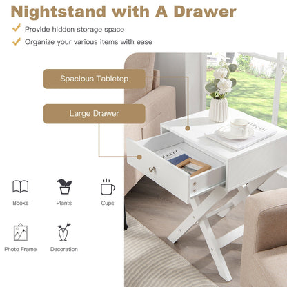 Modern Nightstand with Drawer and X-Frame Base for Bedroom or Living Room - White