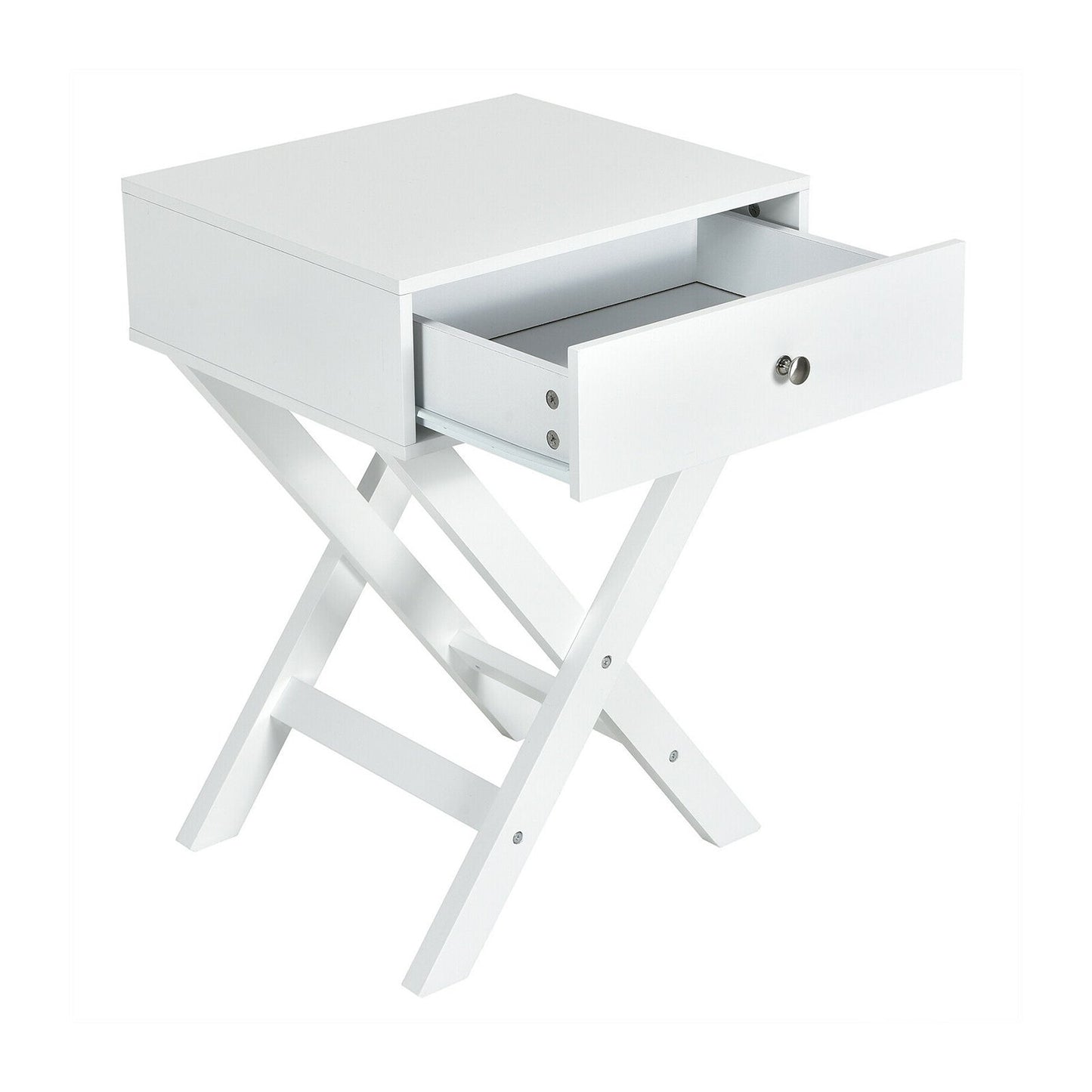 Modern Nightstand with Drawer and X-Frame Base for Bedroom or Living Room - White