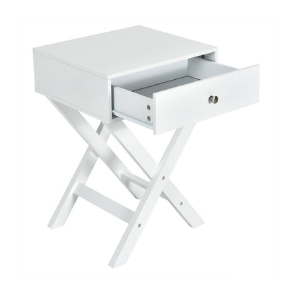 Modern Nightstand with Drawer and X-Frame Base for Bedroom or Living Room - White