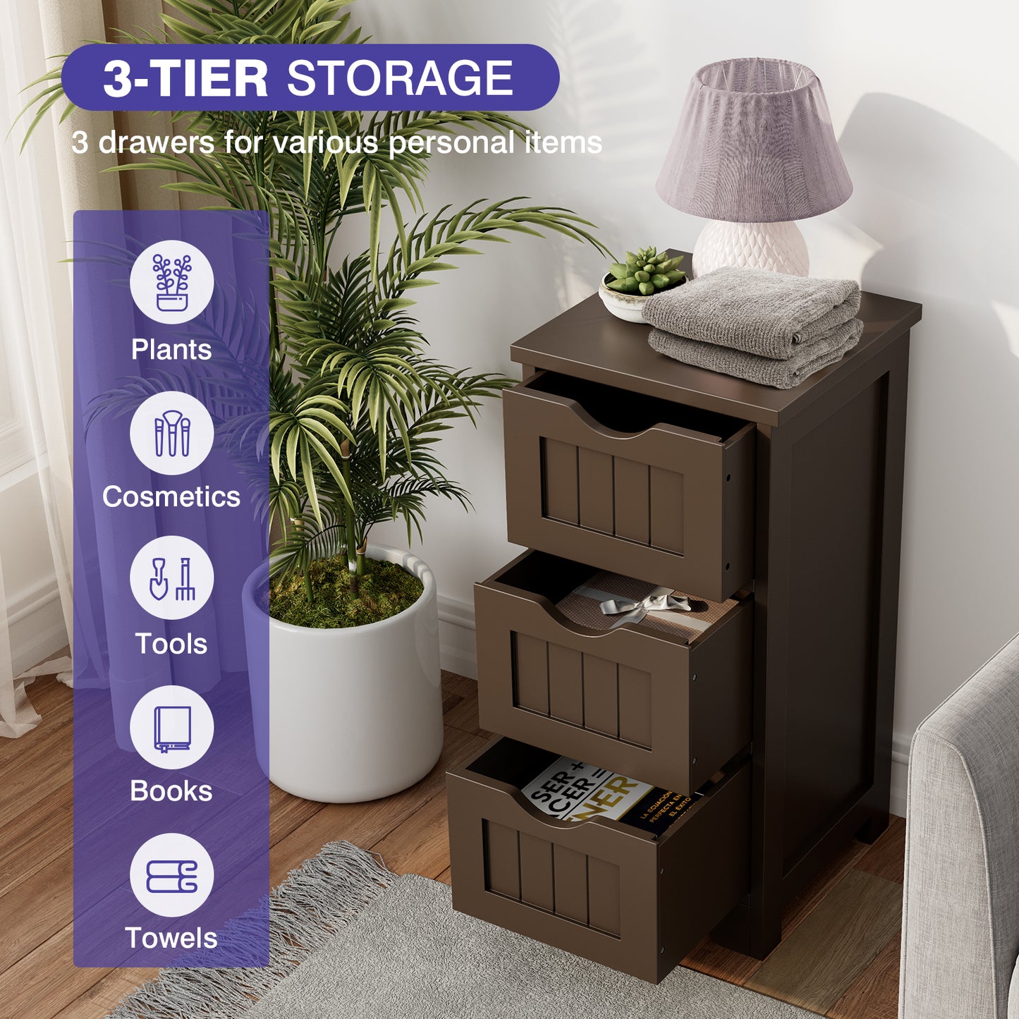 Elegant 3 Tier Freestanding Wooden Bathroom Storage Cabinet