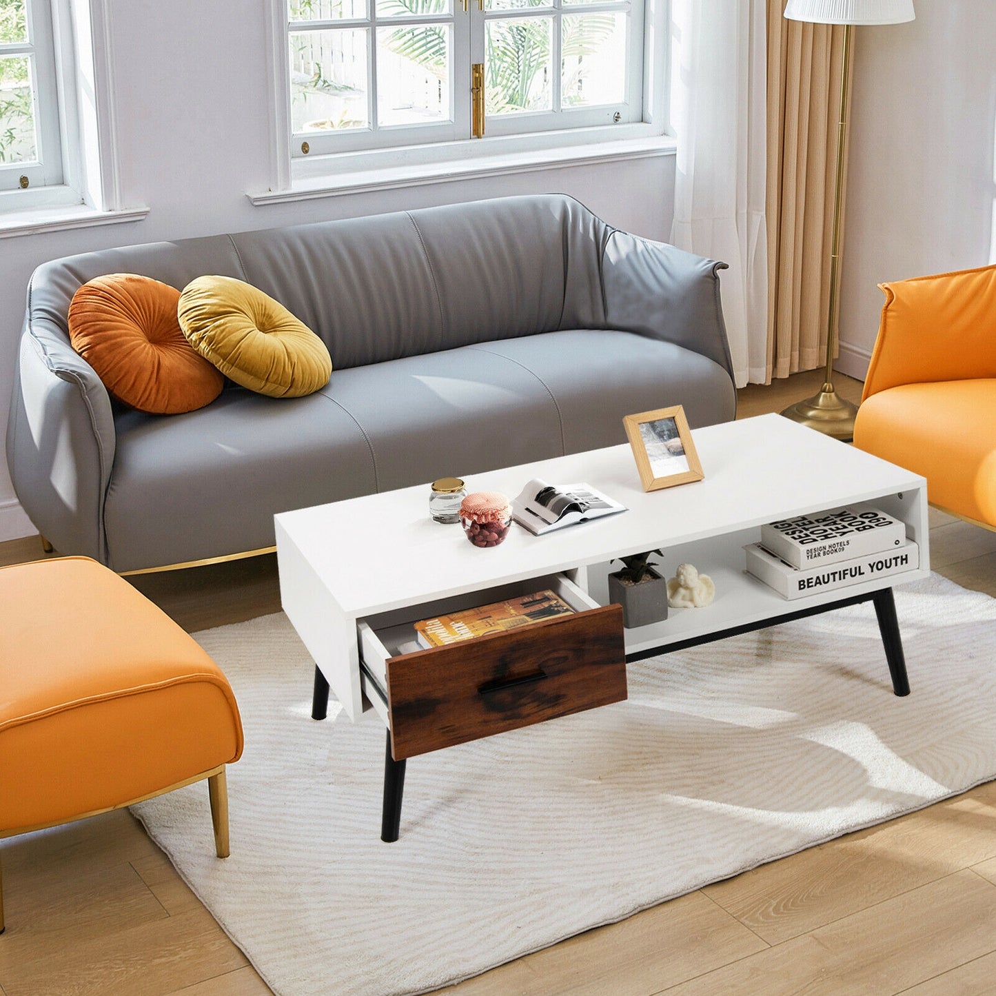 Rustic Wood Coffee Table with Storage Drawer and Open Display Shelf