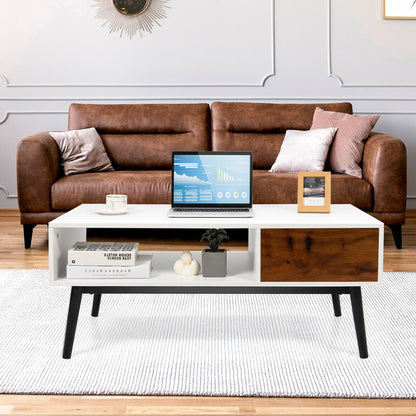 Rustic Wood Coffee Table with Storage Drawer and Open Display Shelf