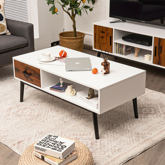 Rustic Wood Coffee Table with Storage Drawer and Open Display Shelf